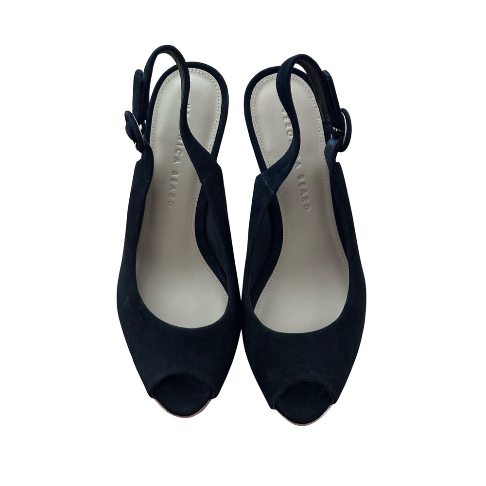 Veronica Beard Black Suede Cork Platform Slingback Peep Toe Wedge Sandals 7MNWOT